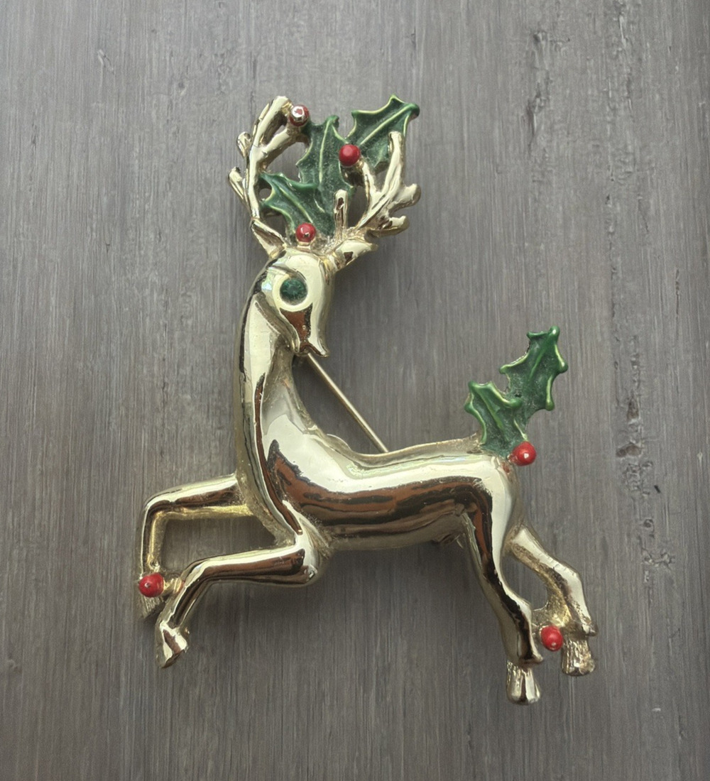 Vintage Gerry's Signed Christmas Holly Reindeer Brooch Rhinestone Eye Enamel